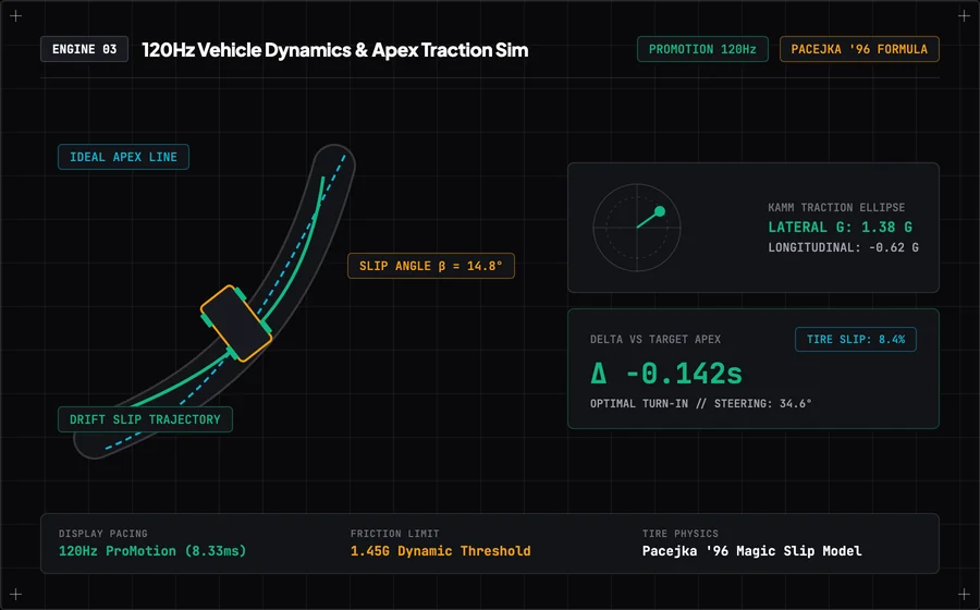 Prime1 120Hz vehicle dynamics drift trajectory and Kamm friction circle telemetry